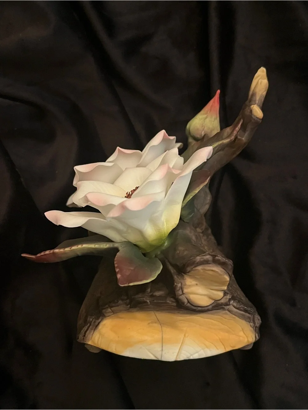 Vintage Porcelain Magnolia Flower Music Box Tree Stump Floral Figurine